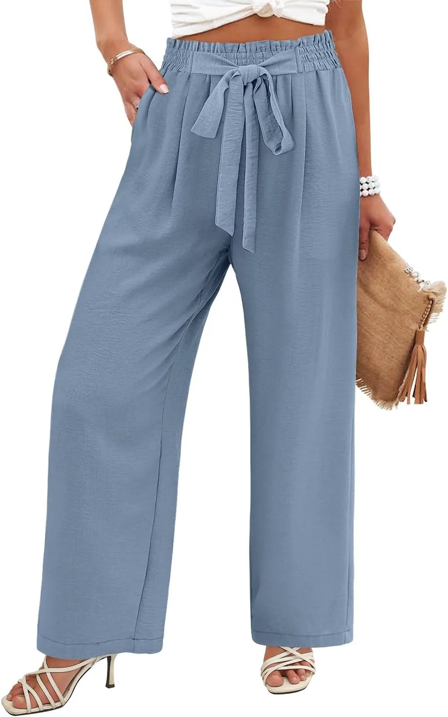 Angerella Womens Wide Leg Pants High Elastic Waist Adjustable Knot Casual Flowy Trousers Business Work Pants with Pockets