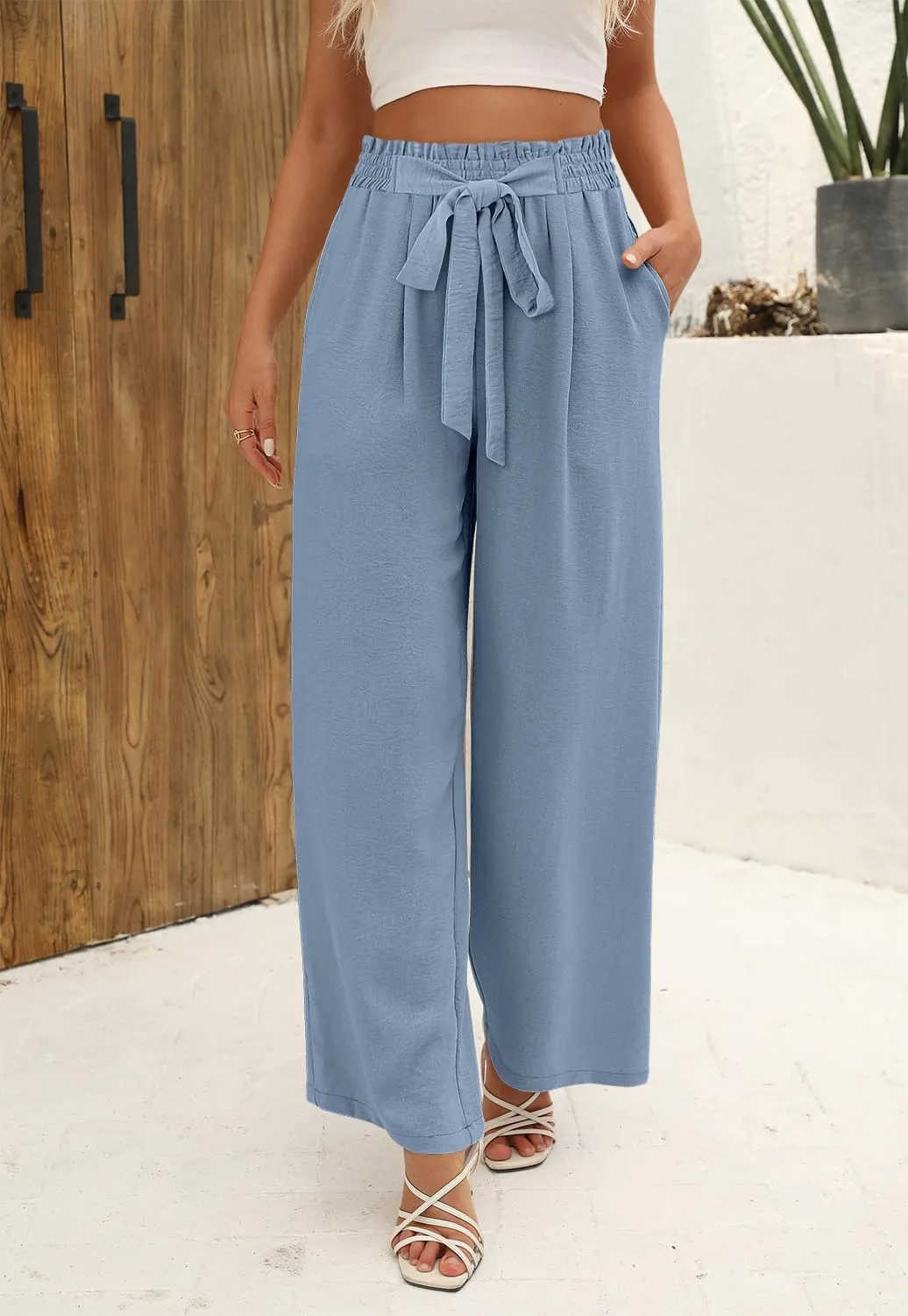 Angerella Womens Wide Leg Pants High Elastic Waist Adjustable Knot Casual Flowy Trousers Business Work Pants with Pockets