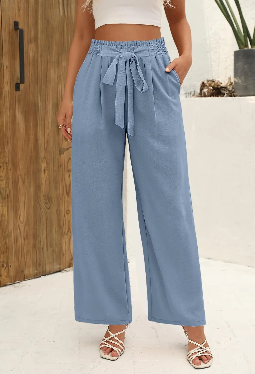 Angerella Womens Wide Leg Pants High Elastic Waist Adjustable Knot Casual Flowy Trousers Business Work Pants with Pockets