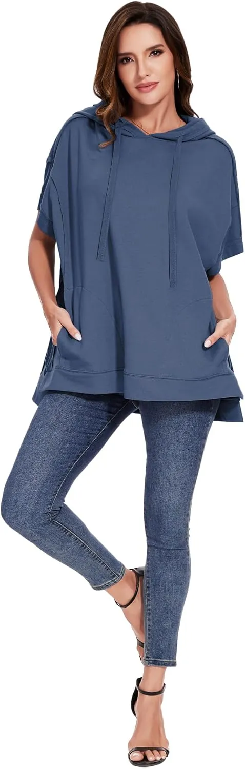 Anna-Kaci Womens Oversized Short Sleeve Hoodie Side Slits Pullover Sweater Top