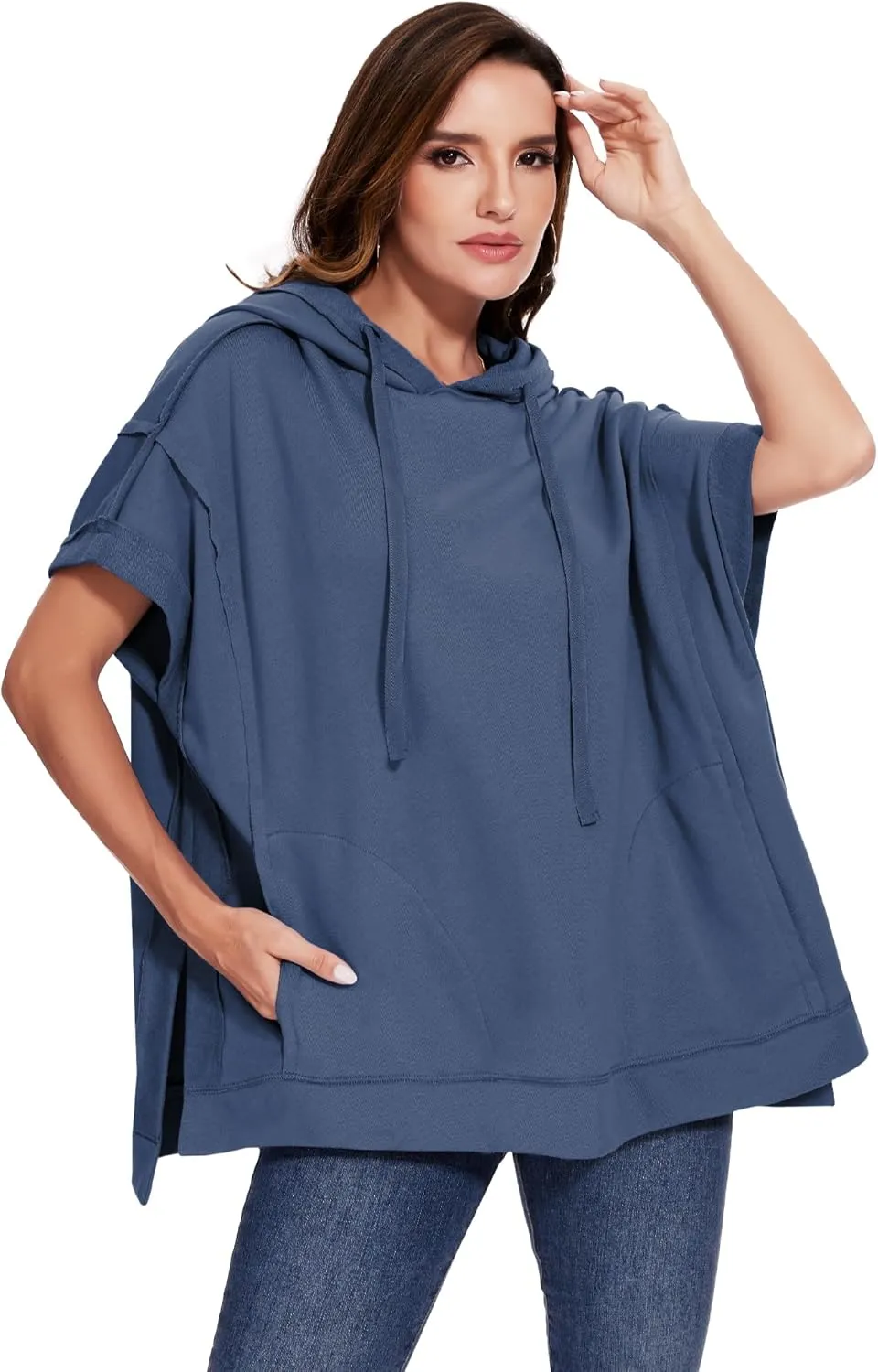 Anna-Kaci Womens Oversized Short Sleeve Hoodie Side Slits Pullover Sweater Top