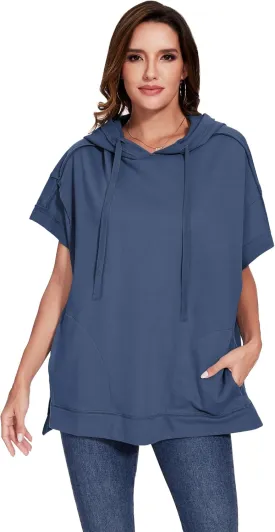 Anna-Kaci Womens Oversized Short Sleeve Hoodie Side Slits Pullover Sweater Top