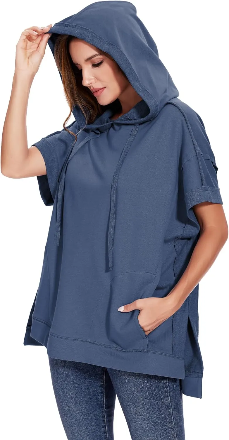 Anna-Kaci Womens Oversized Short Sleeve Hoodie Side Slits Pullover Sweater Top