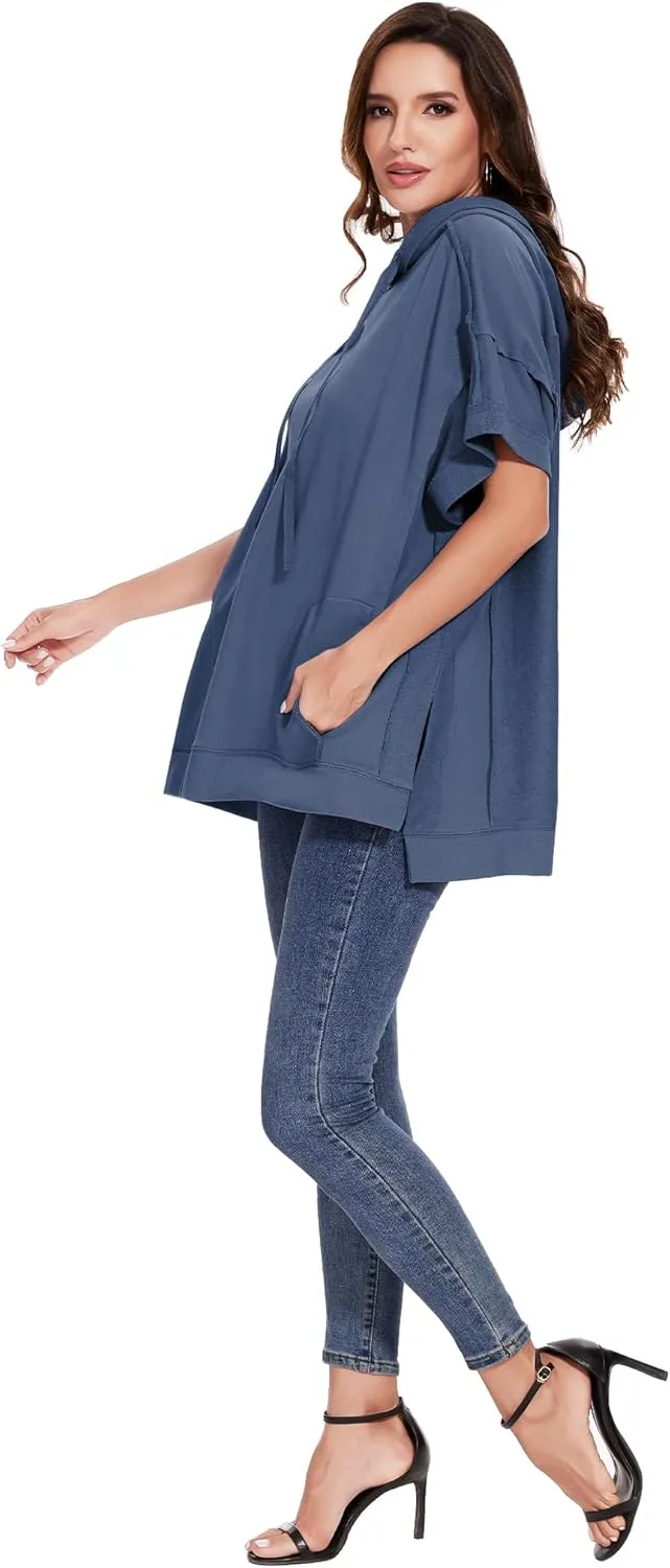 Anna-Kaci Womens Oversized Short Sleeve Hoodie Side Slits Pullover Sweater Top