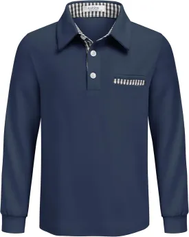 Arshiner Boy's Long Sleeve Plaid Trim Polo Shirt School Uniform Shirt with Pocket for 4-12 Years