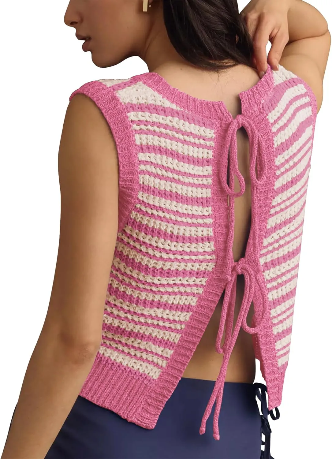 Balimtoy Womens Tie Back Sweater Vest Top Cute Sleeveless Backless Crochet Tank Top Y2k Crop Cardigan Vest