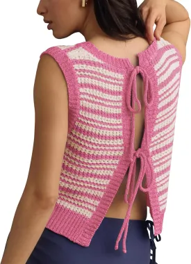 Balimtoy Womens Tie Back Sweater Vest Top Cute Sleeveless Backless Crochet Tank Top Y2k Crop Cardigan Vest