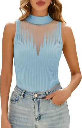 Cakulo Womens Summer Sleeveless Ribbed Tank Tops Sweater Vest 2025 Mock Neck Basic Sheer Knit Top Fitted Shirts