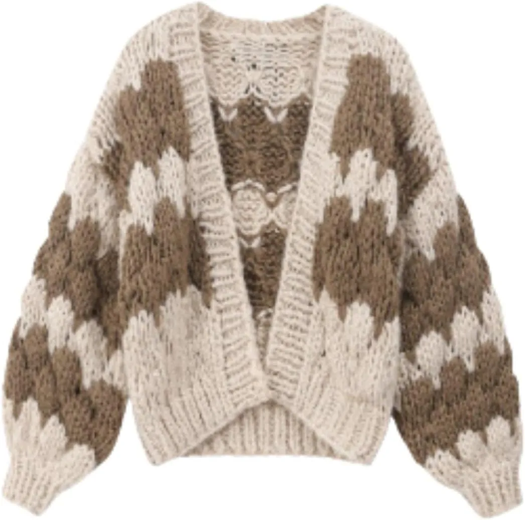 Cardigan Sweaters for Women Oversized Chunky Long Sleeve Cropped Knit Top Fall Open Front Color Block Coat