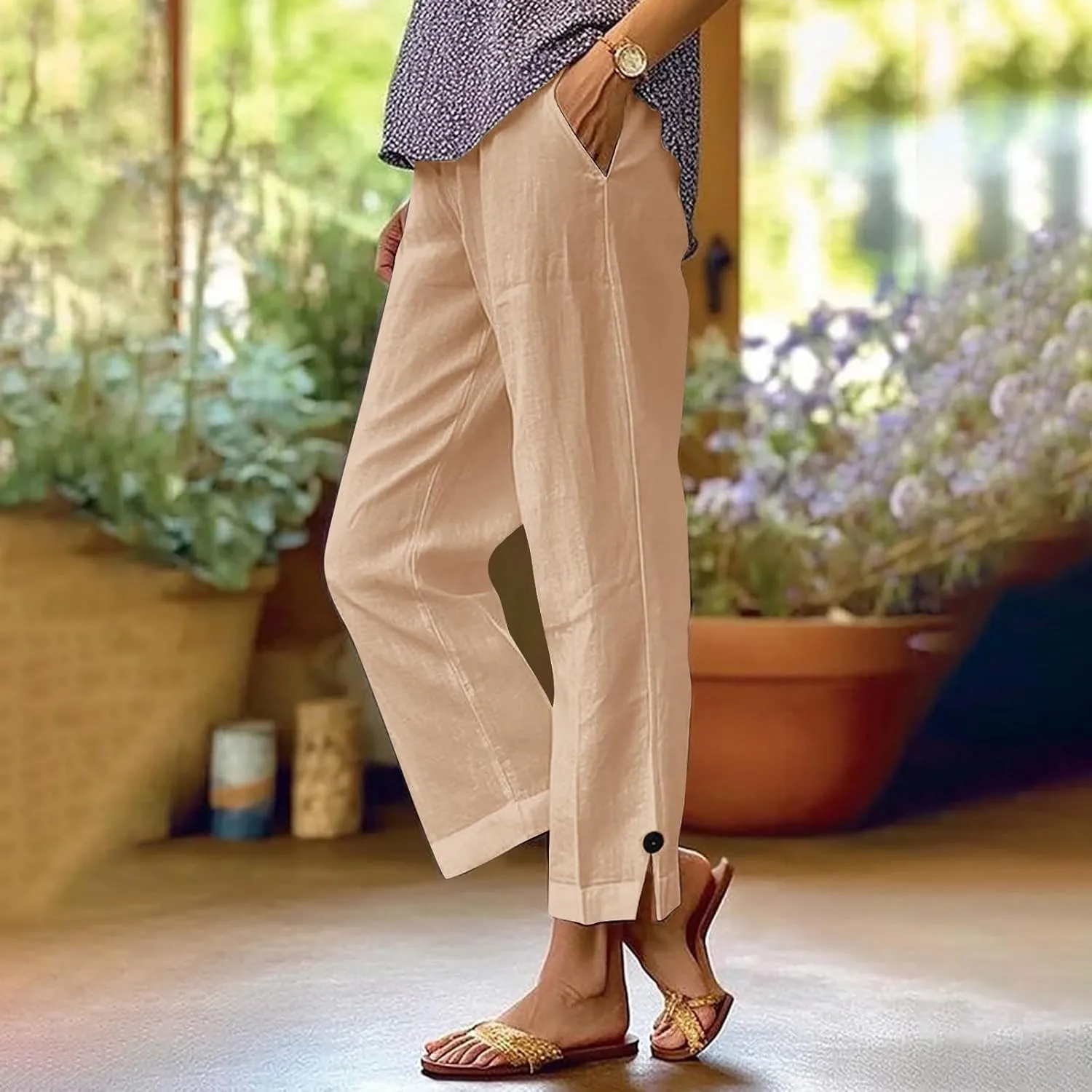 Casual Linen Pants for Women Summer Beach Pants Elastic Waisted Loose Trousers Lightweight Baggy Pants with Pockets