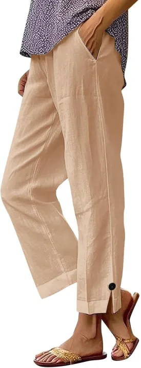 Casual Linen Pants for Women Summer Beach Pants Elastic Waisted Loose Trousers Lightweight Baggy Pants with Pockets