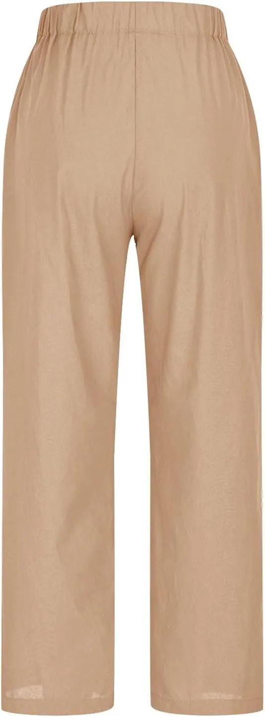 Casual Linen Pants for Women Summer Beach Pants Elastic Waisted Loose Trousers Lightweight Baggy Pants with Pockets