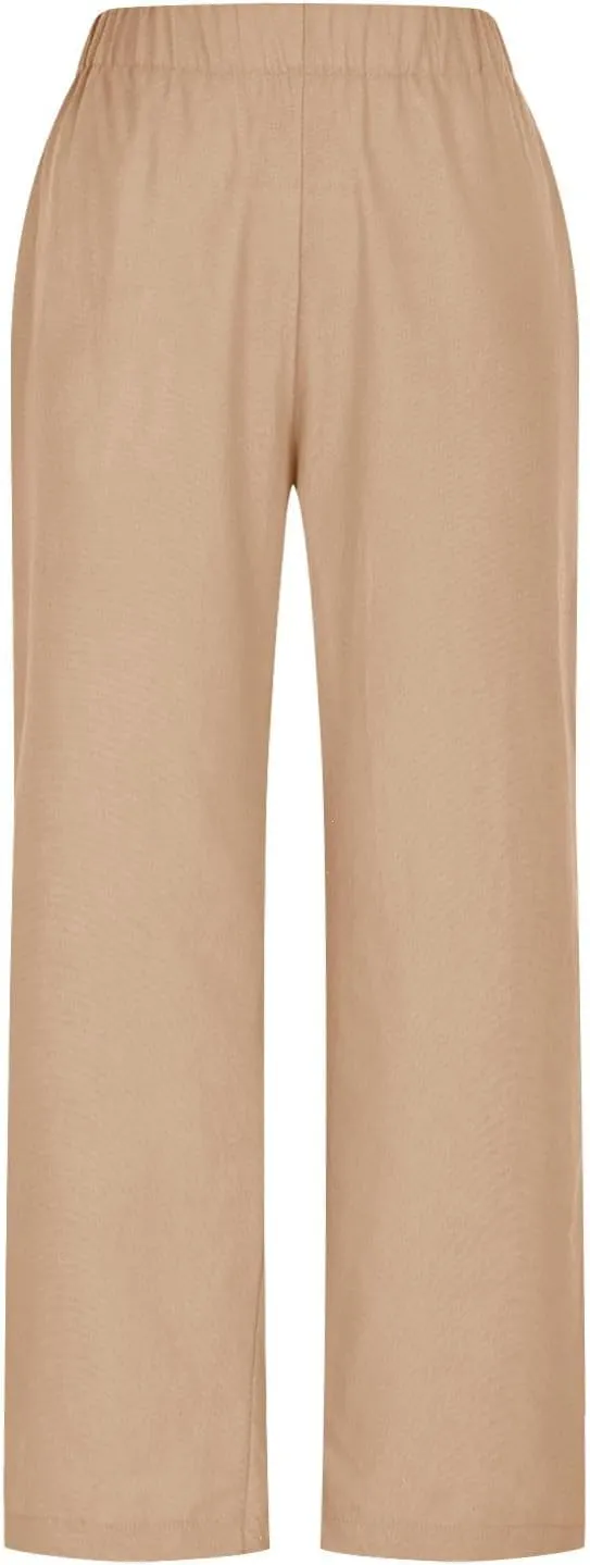 Casual Linen Pants for Women Summer Beach Pants Elastic Waisted Loose Trousers Lightweight Baggy Pants with Pockets