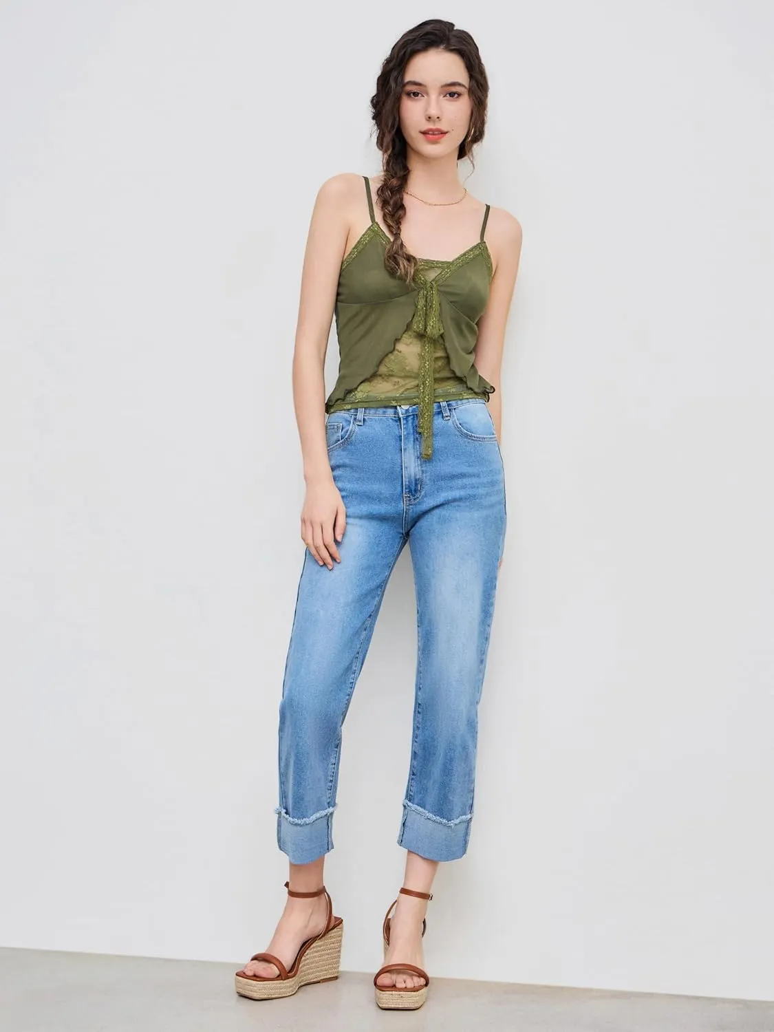 CIDER Tank Top Lace Trim Cami Y2K V Neck Sleeveless Knotted Going Out Top Lace Strap
