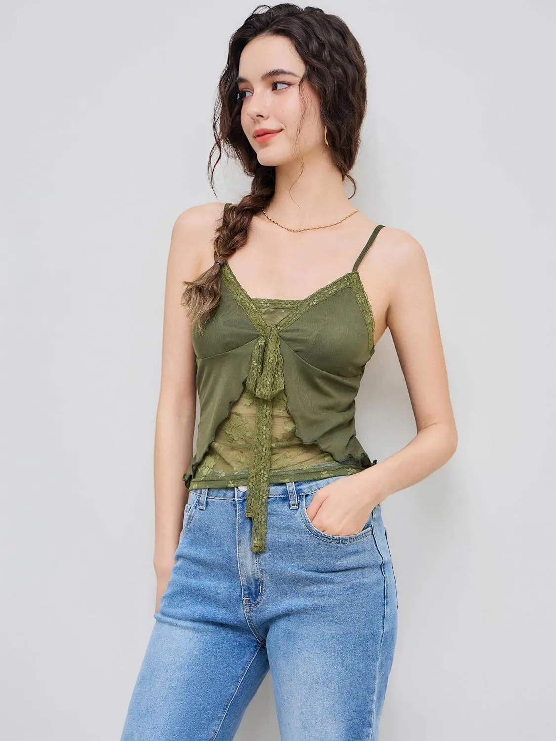 CIDER Tank Top Lace Trim Cami Y2K V Neck Sleeveless Knotted Going Out Top Lace Strap