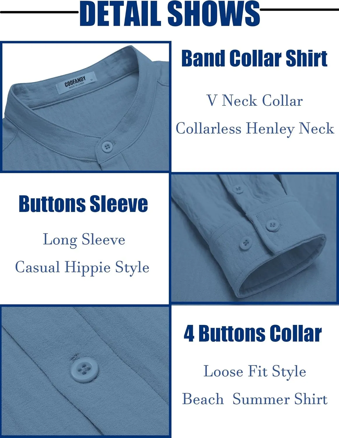 COOFANDY Men's Casual Henley Shirt Band Collar Long Sleeve Shirt Beach Hippie Summer Button T Shirt