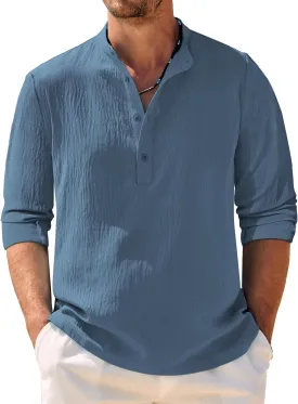 COOFANDY Men's Casual Henley Shirt Band Collar Long Sleeve Shirt Beach Hippie Summer Button T Shirt