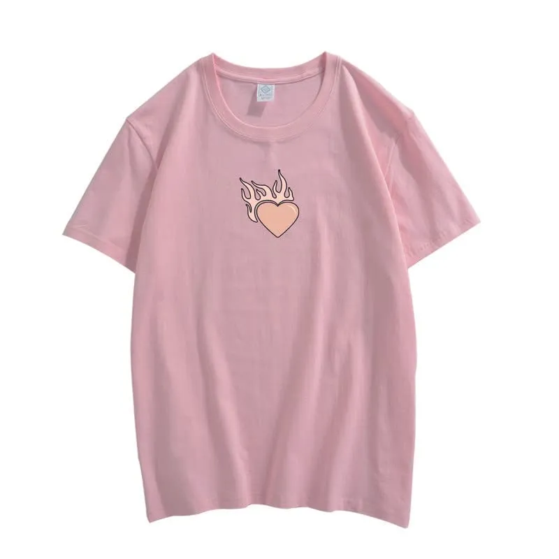 CORIRESHA Teen Cute Heart Flame Crewneck Short Sleeve Casual Cotton Valentine T-Shirt