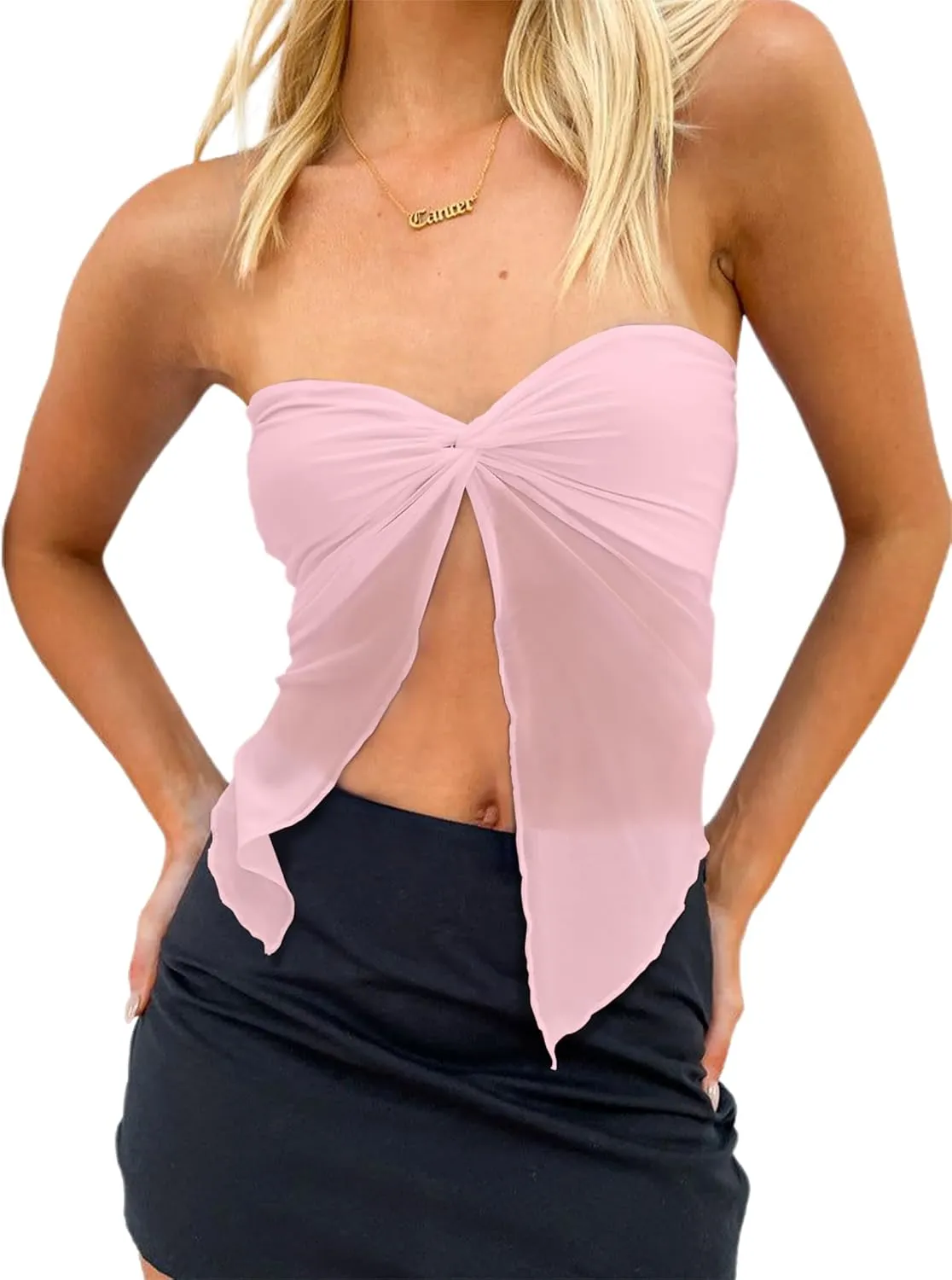 CSDAJIO Women's Sheer Mesh Twist Split Front Asymmetrical Tube Top Strapless Bandeau Crop Top Backless Shirt
