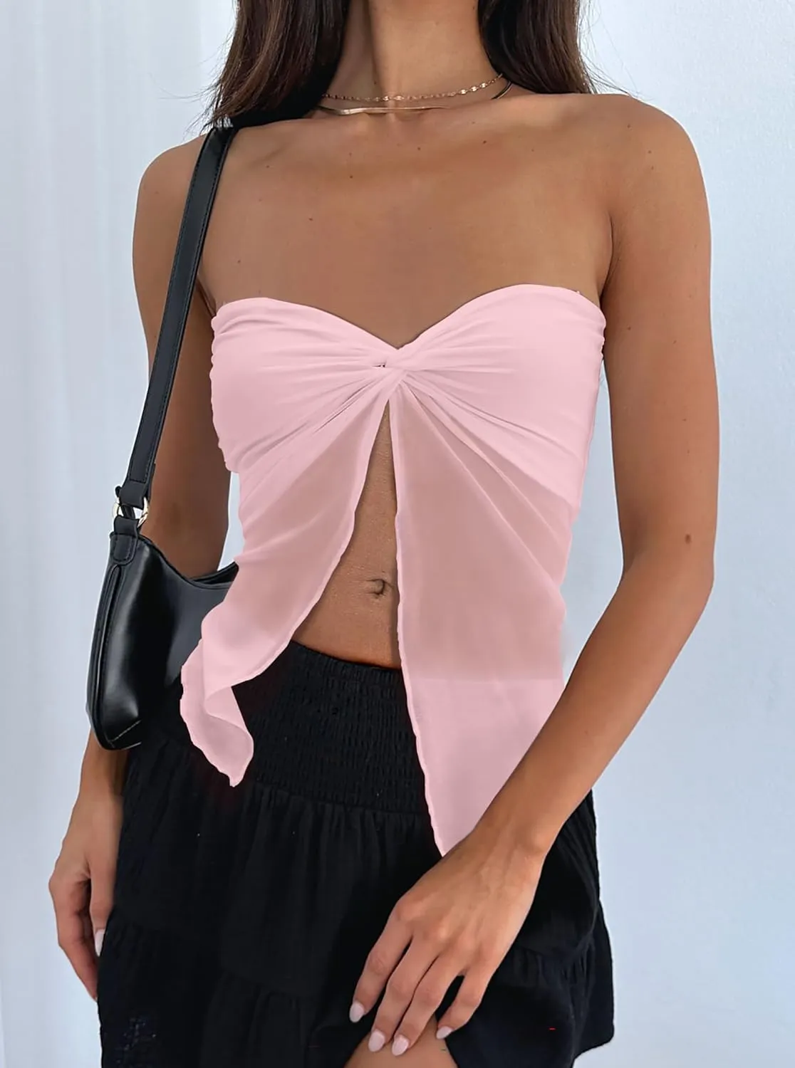 CSDAJIO Women's Sheer Mesh Twist Split Front Asymmetrical Tube Top Strapless Bandeau Crop Top Backless Shirt