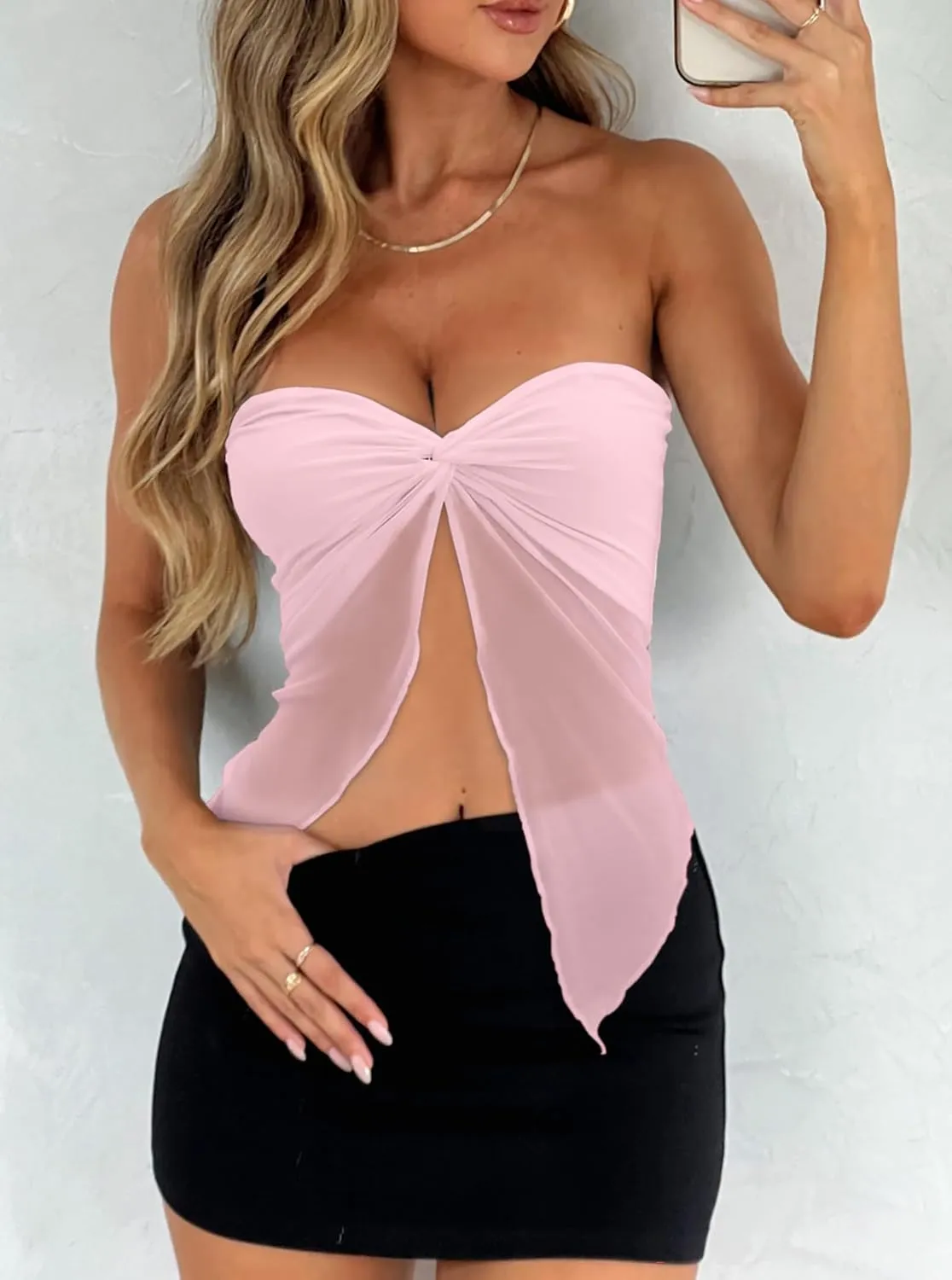 CSDAJIO Women's Sheer Mesh Twist Split Front Asymmetrical Tube Top Strapless Bandeau Crop Top Backless Shirt