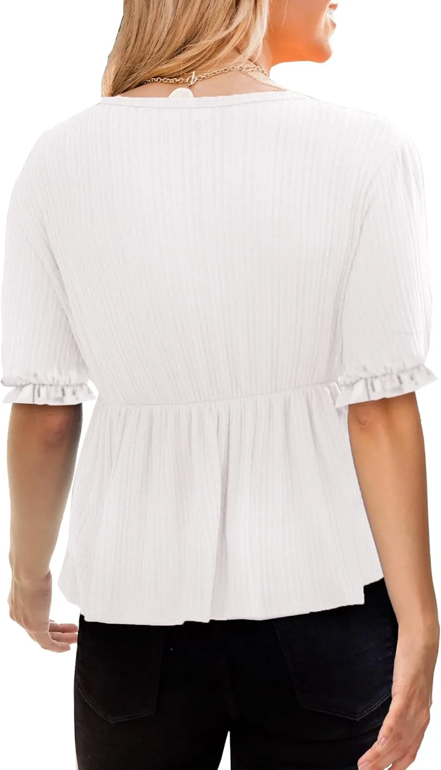 Deerose Women's Puff Sleeve Ruffle Hem Peplum Top