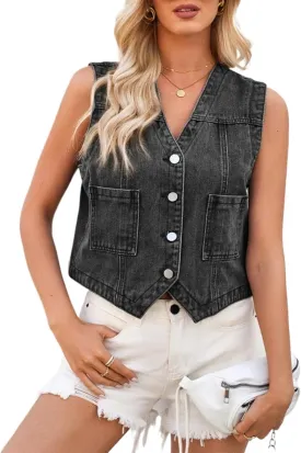 Denim Vest Top for Women Y2k Western Cowgirl Sleeveless V Neck Waistcoat Jacket Button Down Jean Crop Top
