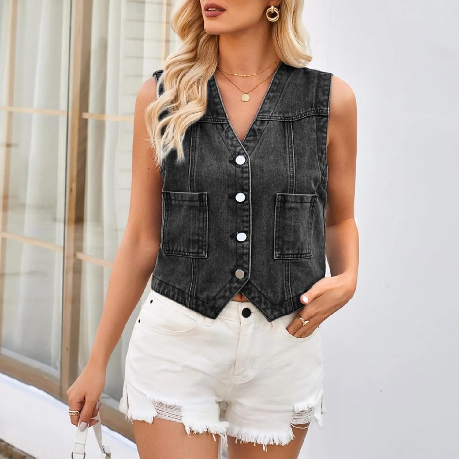 Denim Vest Top for Women Y2k Western Cowgirl Sleeveless V Neck Waistcoat Jacket Button Down Jean Crop Top