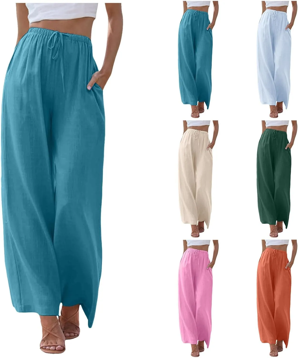 Flowy Pants for Women Wide Leg Cotton Linen Pants High Waist Summer Pants Beach Drawstring Pant Trousers