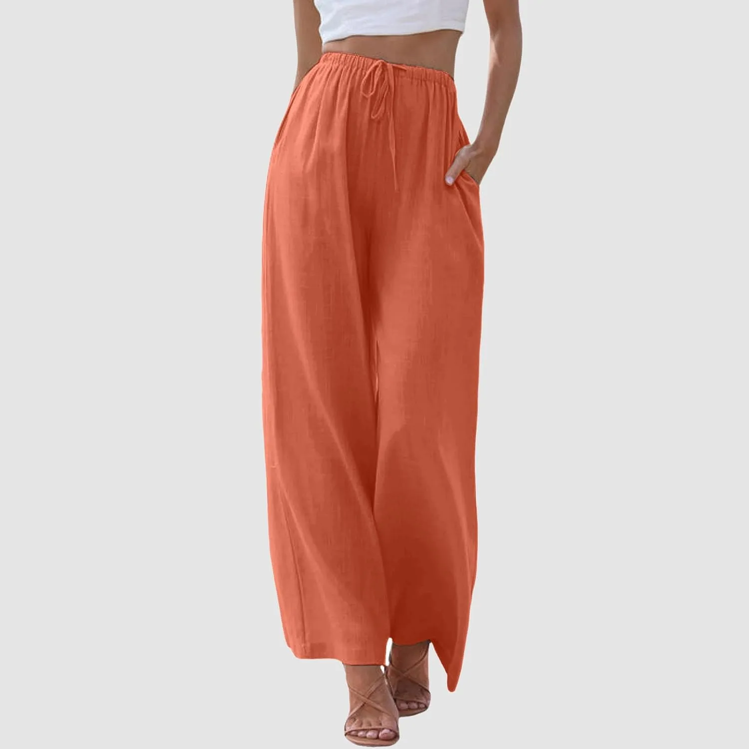 Flowy Pants for Women Wide Leg Cotton Linen Pants High Waist Summer Pants Beach Drawstring Pant Trousers
