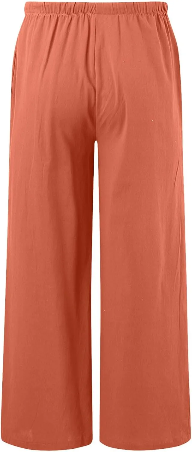 Flowy Pants for Women Wide Leg Cotton Linen Pants High Waist Summer Pants Beach Drawstring Pant Trousers