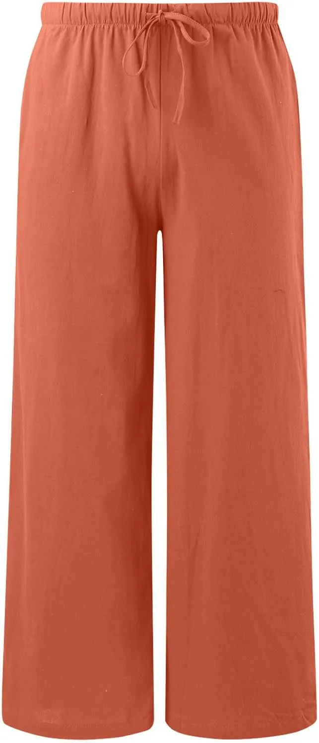 Flowy Pants for Women Wide Leg Cotton Linen Pants High Waist Summer Pants Beach Drawstring Pant Trousers