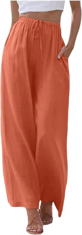 Flowy Pants for Women Wide Leg Cotton Linen Pants High Waist Summer Pants Beach Drawstring Pant Trousers