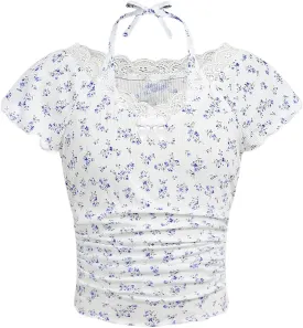 Girl's Ditsy Floral Print Bow Lace T Shirt Short Sleeve Halter V Neck Ruched Tee Shirt