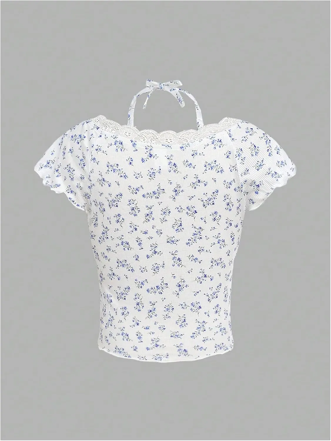 Girl's Ditsy Floral Print Bow Lace T Shirt Short Sleeve Halter V Neck Ruched Tee Shirt