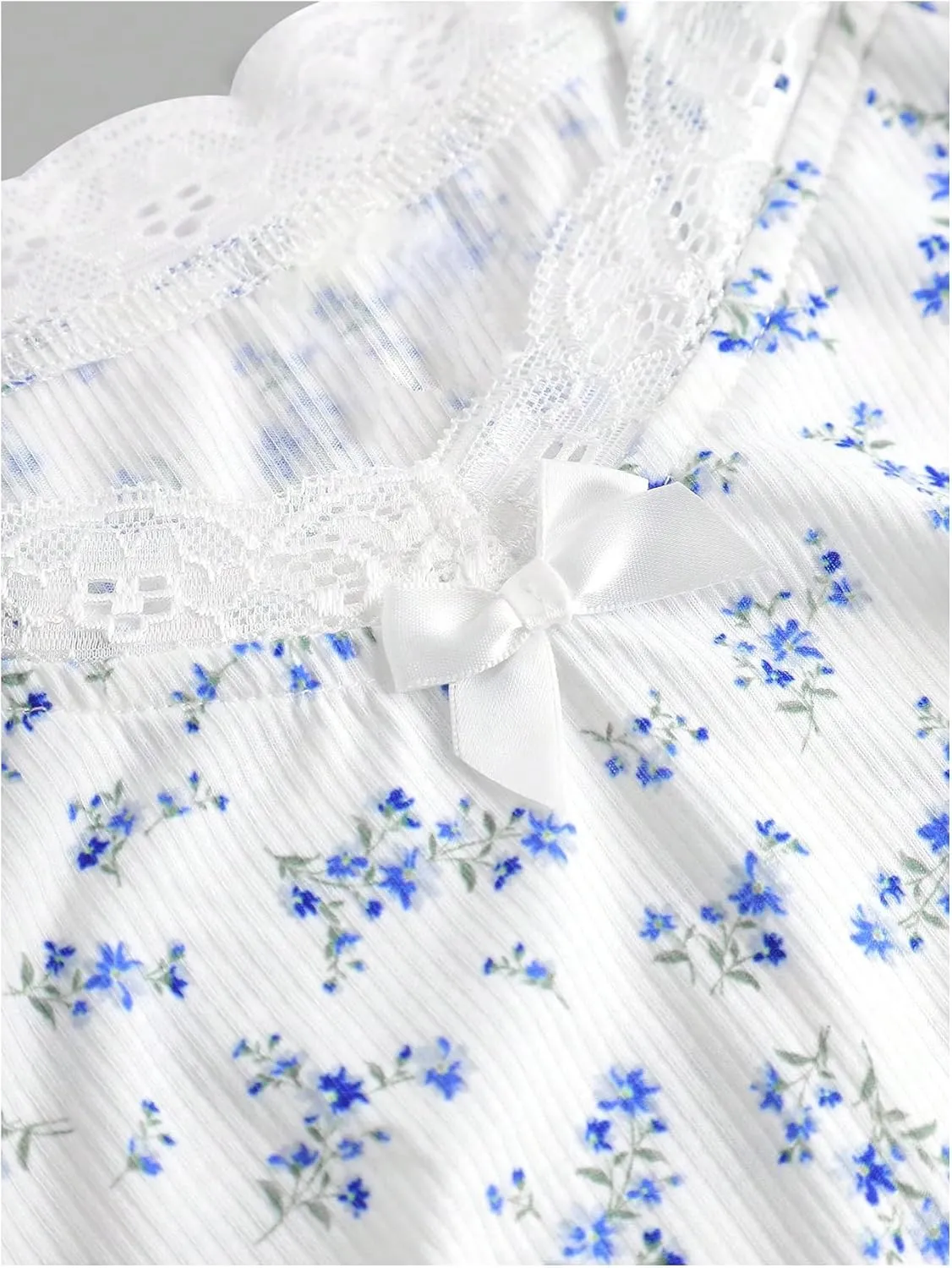 Girl's Ditsy Floral Print Bow Lace T Shirt Short Sleeve Halter V Neck Ruched Tee Shirt
