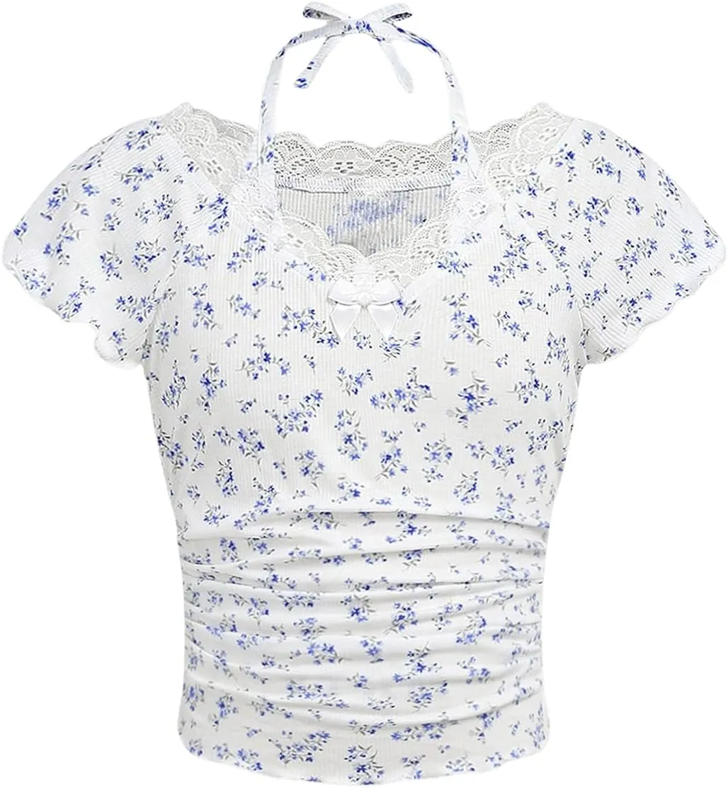 Girl's Ditsy Floral Print Bow Lace T Shirt Short Sleeve Halter V Neck Ruched Tee Shirt