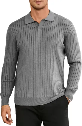 Hardaddy Men's Ribbed Knit Sweater Casual Long Sleeve Polo Sweater Collared V Neck Polo Shirts Solid Pullover Tops