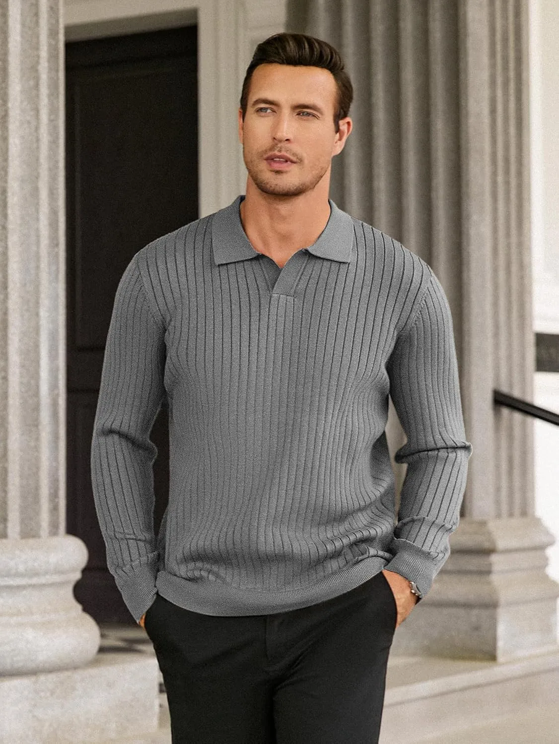 Hardaddy Men's Ribbed Knit Sweater Casual Long Sleeve Polo Sweater Collared V Neck Polo Shirts Solid Pullover Tops