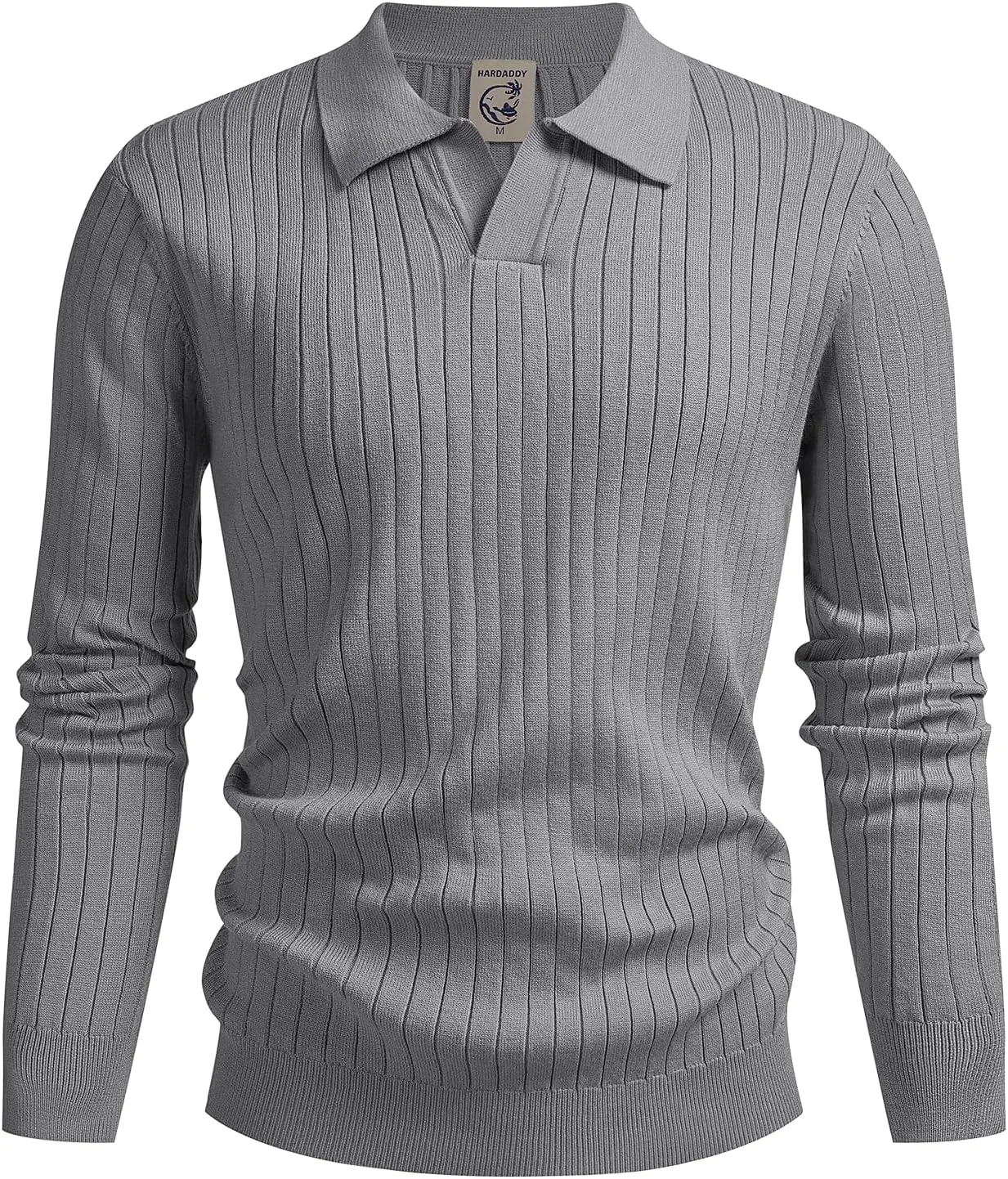 Hardaddy Men's Ribbed Knit Sweater Casual Long Sleeve Polo Sweater Collared V Neck Polo Shirts Solid Pullover Tops