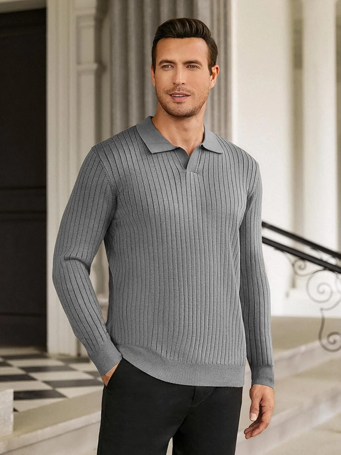 Hardaddy Men's Ribbed Knit Sweater Casual Long Sleeve Polo Sweater Collared V Neck Polo Shirts Solid Pullover Tops