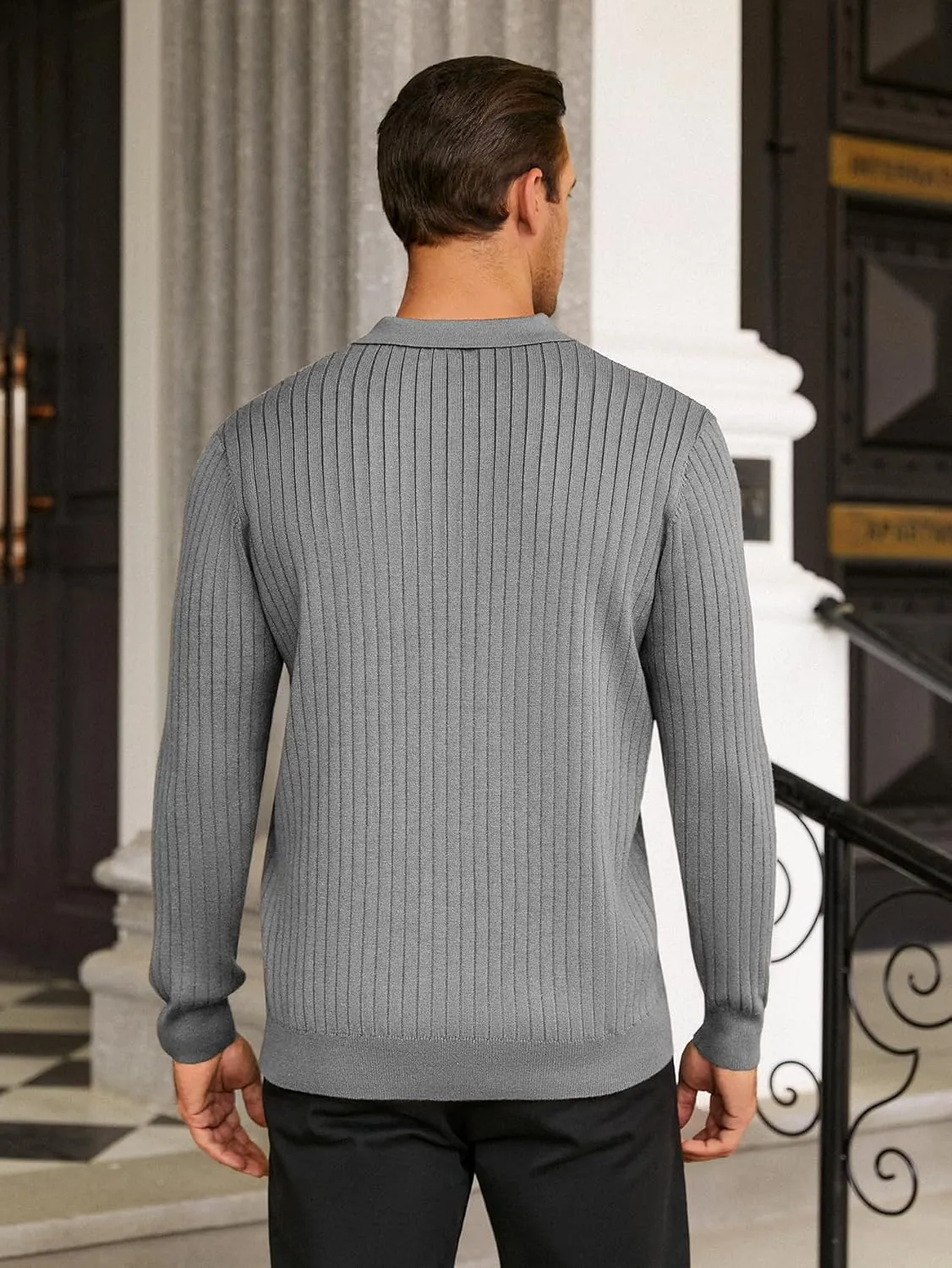 Hardaddy Men's Ribbed Knit Sweater Casual Long Sleeve Polo Sweater Collared V Neck Polo Shirts Solid Pullover Tops
