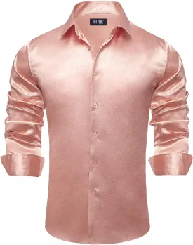 Hi-Tie Mens Long Sleeve Dress Shirt Satin Button Down Casual Prom Wedding Regular Fit Button Up Shirt