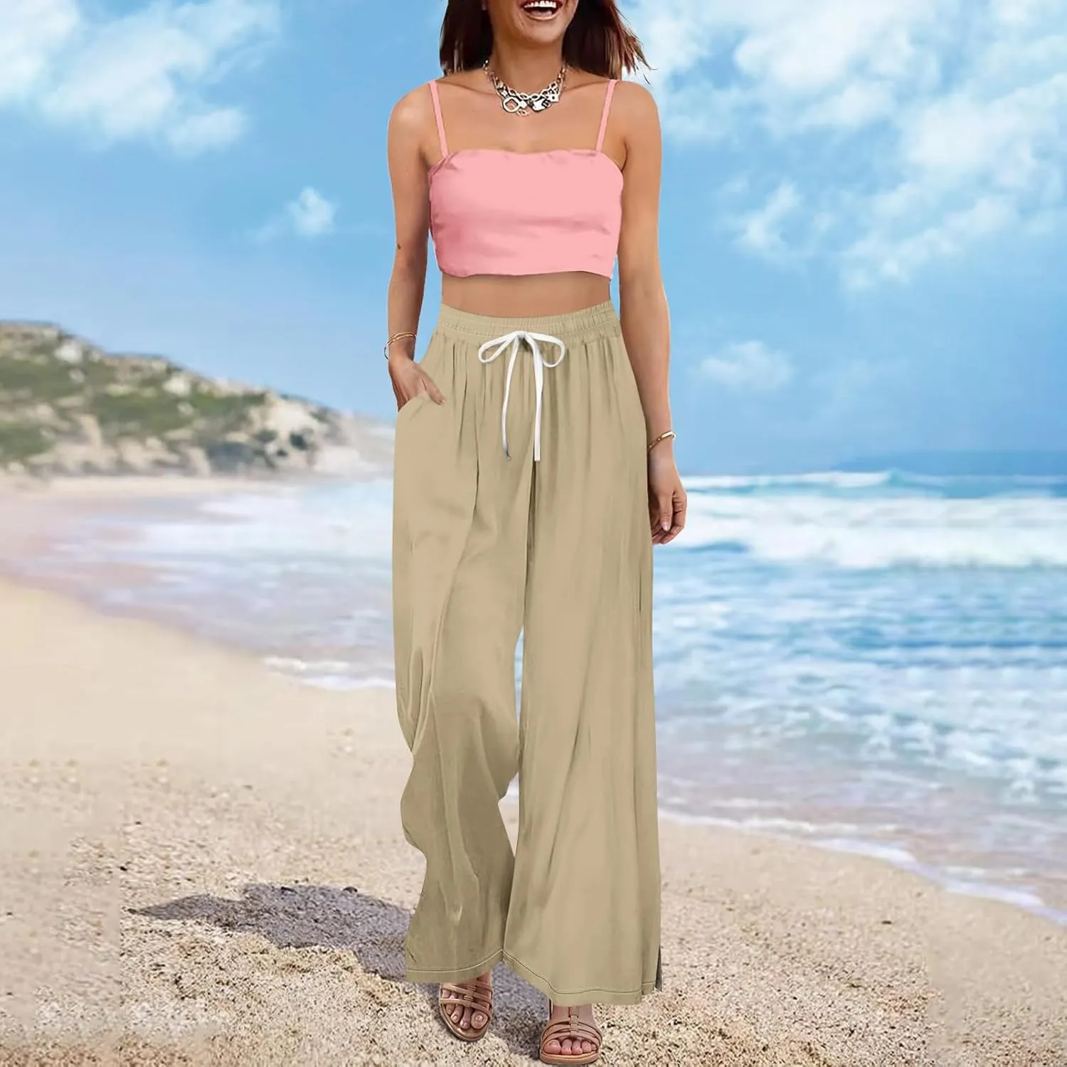 HXHYQKP Wide Leg Pants for Women Summer Beach Palazzo Pants High Elastic Waist Drawstring Trouser with Pockets