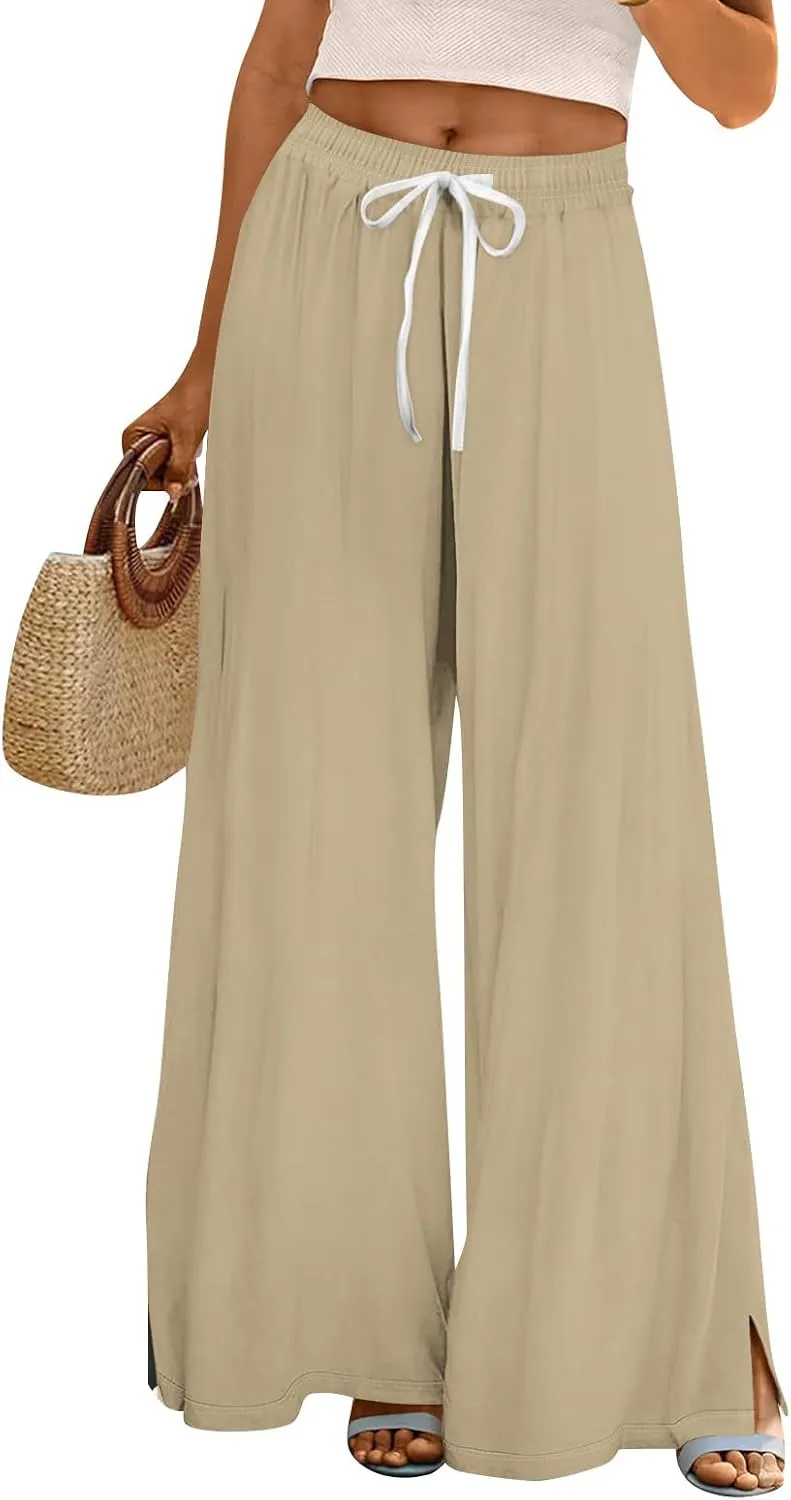 HXHYQKP Wide Leg Pants for Women Summer Beach Palazzo Pants High Elastic Waist Drawstring Trouser with Pockets