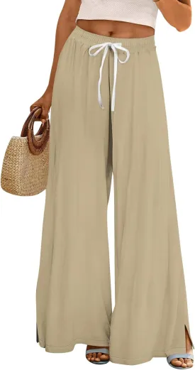 HXHYQKP Wide Leg Pants for Women Summer Beach Palazzo Pants High Elastic Waist Drawstring Trouser with Pockets