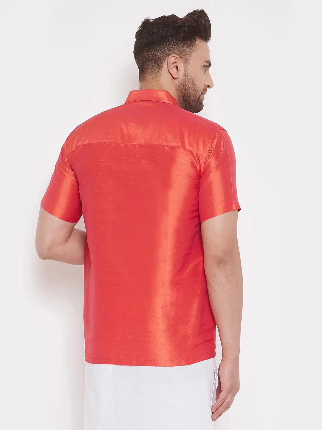 Jashvi Men's & Boys Red Solid Silk Blend Half Sleeve Ethnic Shirt