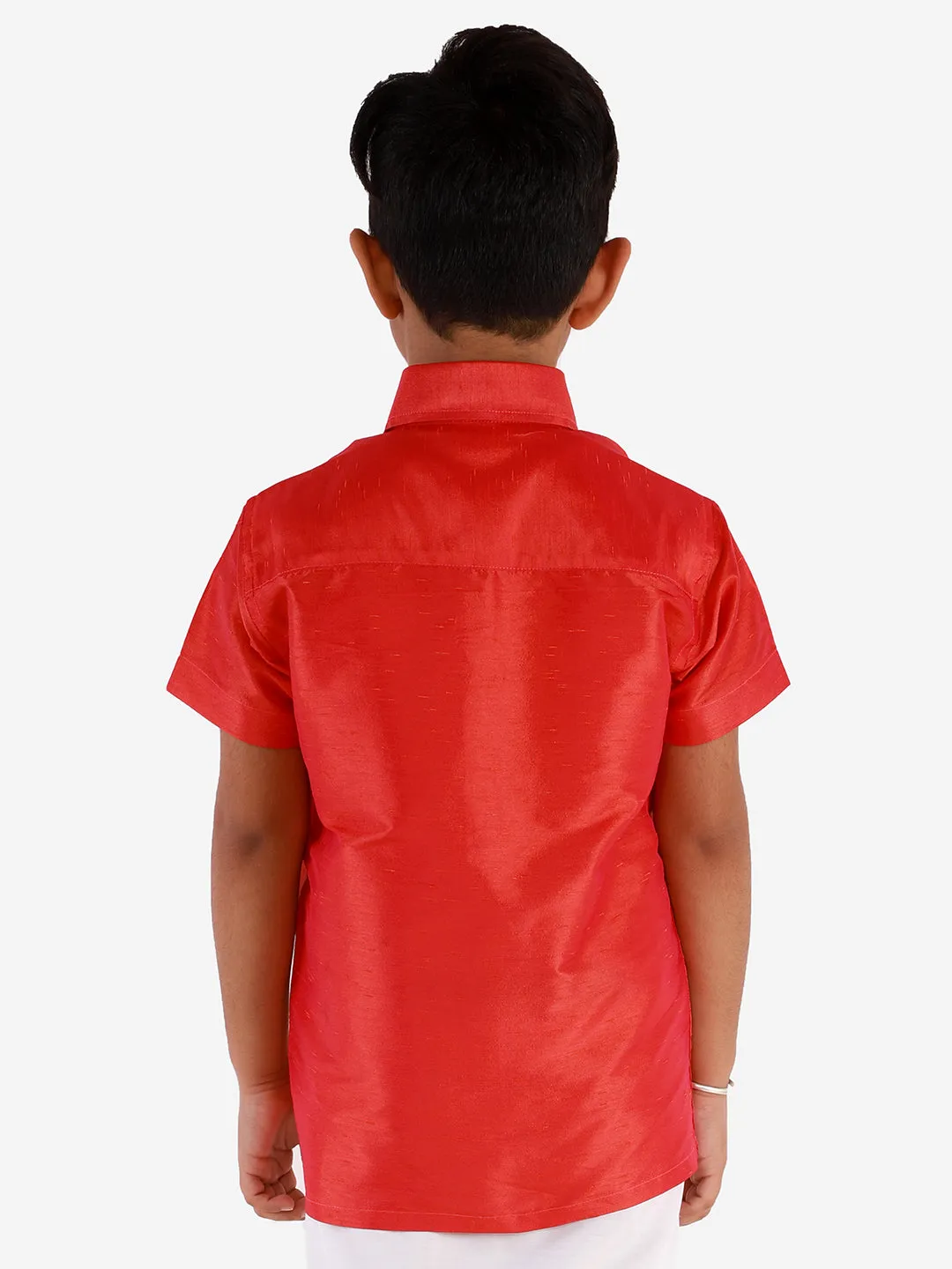 Jashvi Men's & Boys Red Solid Silk Blend Half Sleeve Ethnic Shirt
