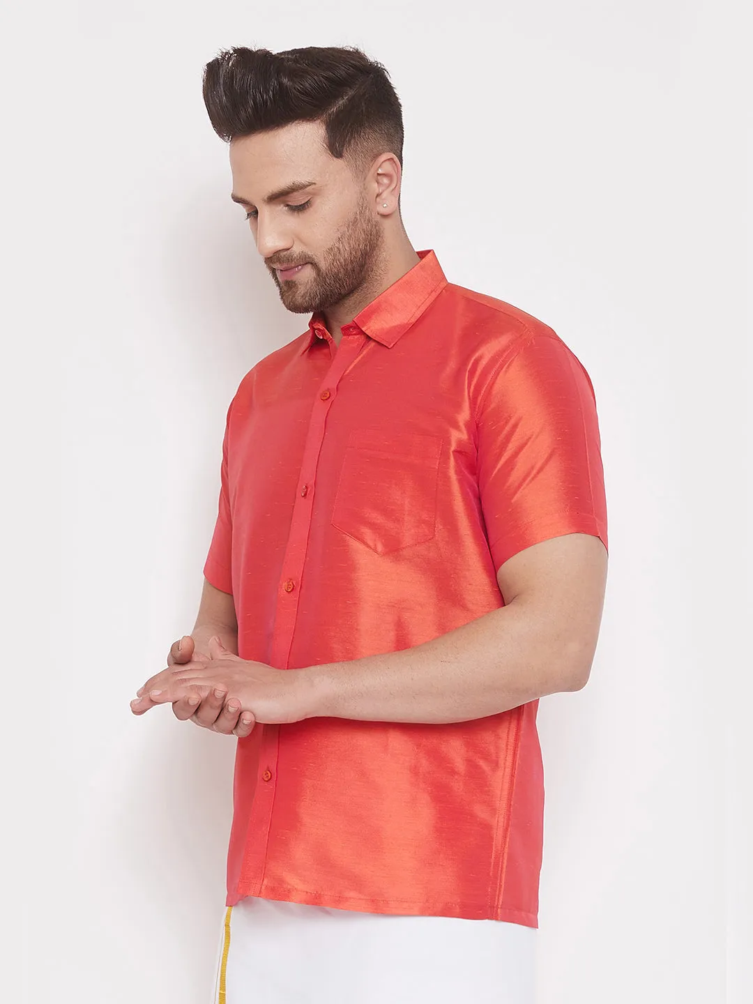 Jashvi Men's & Boys Red Solid Silk Blend Half Sleeve Ethnic Shirt