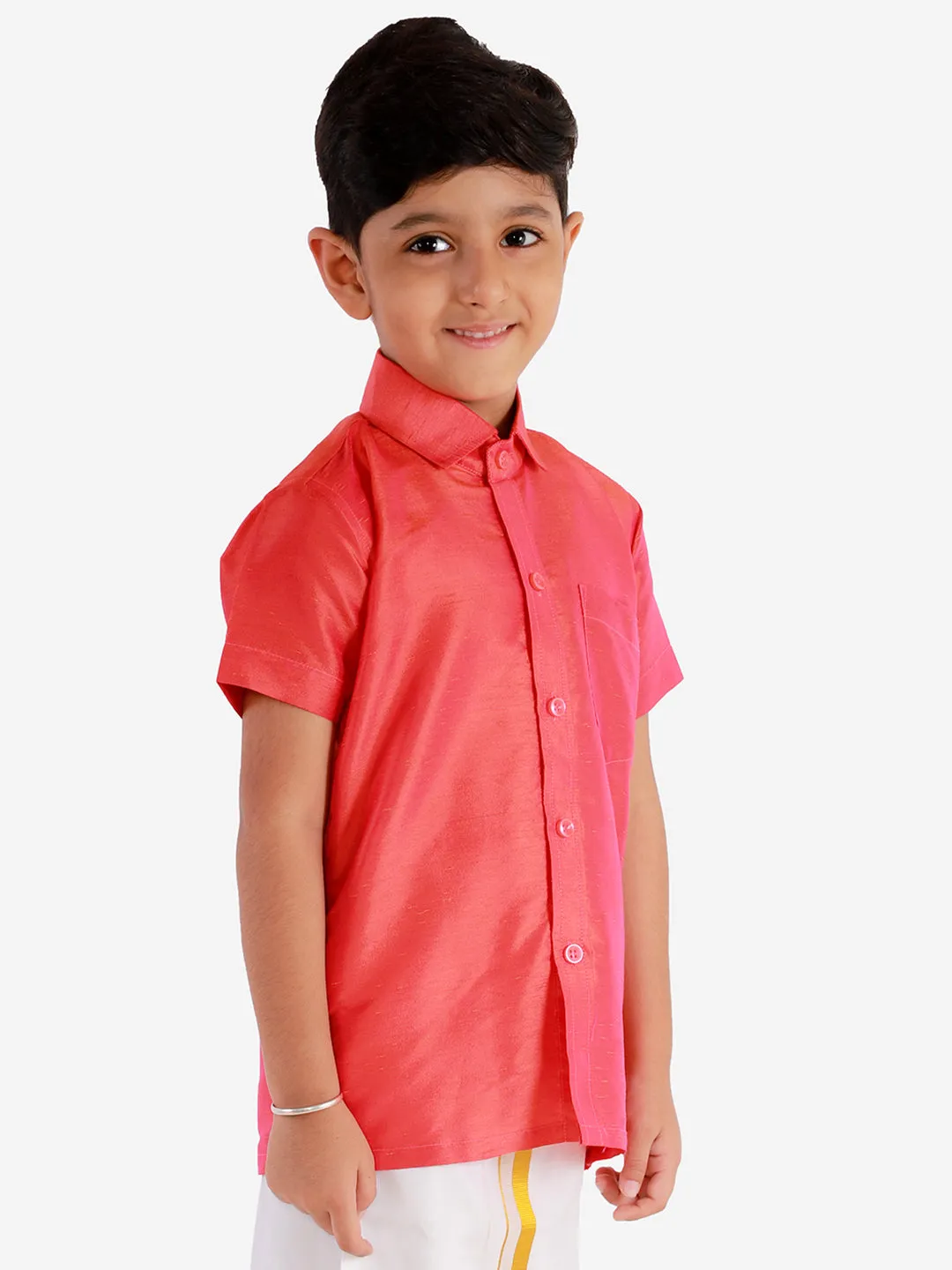 Jashvi Men's & Boys Red Solid Silk Blend Half Sleeve Ethnic Shirt